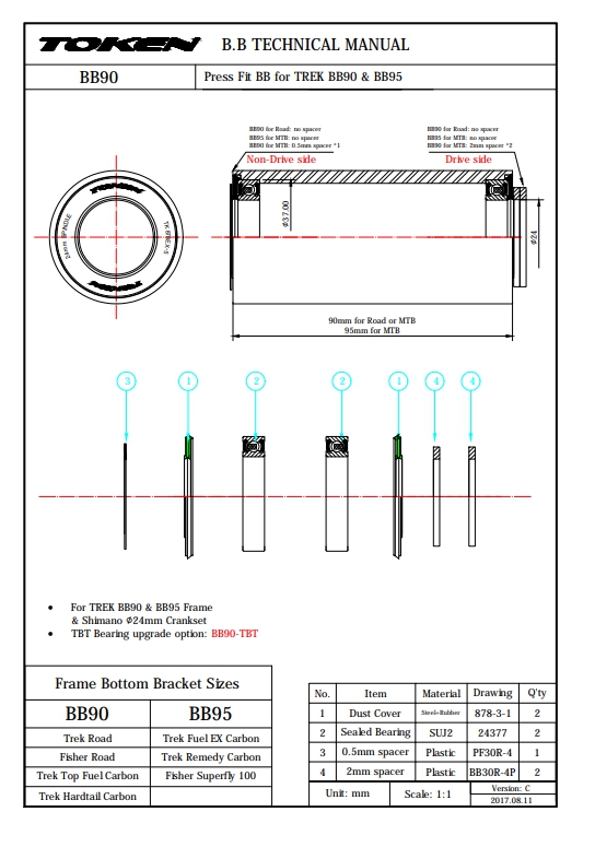 Token BB90 กะโหลกเกลียวกลางท้องกลาง BB3724-C1 for Trek