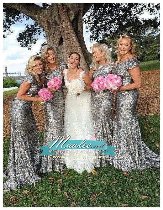 พร้อมส่ง ชุดราตรียาว แบบแขนสั้น ผ้าหลัง สีเทา เนื้อผ้าแต่งเลื่อมทั้งตัว ทรงหางปลา