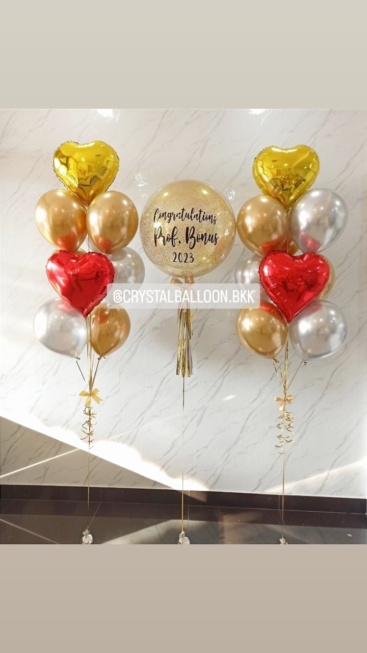 ลูกโป่ง แสดงความยินดี Bubble ขนาด 24" พร้อม ช่อลูกโป่ง ฟอยล์หัวใจ ขนาด 18" ช่อ 9 ลูก 2 ช่อ พร้อมตกเเต่ง สามารถเปลี่ยนสีลูกโป่ง/เปลี่ยนข้อความ/เปลี่ยนขนาดได้