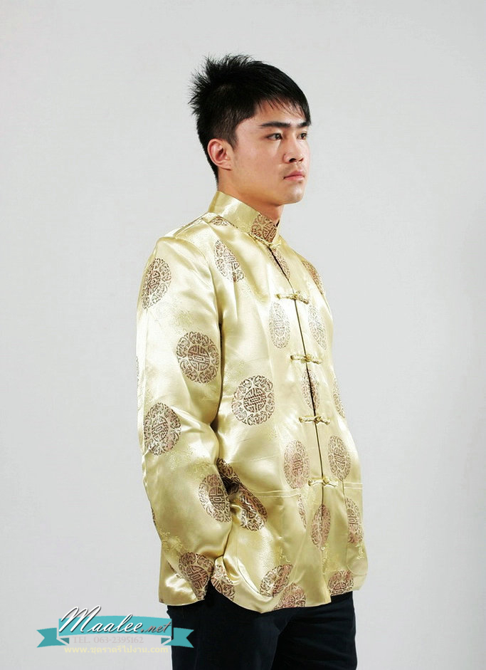 พร้อมส่ง ชุดจีน ชาย เสื้อคอจีน ผ้าไหมจีน ทอลาย สีทอง ลายปั๊มวงกลม (M)