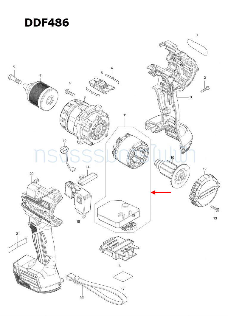 ฟิลคอยล์ สว่านเจาะกระแทกไร้สาย Makita มากีต้า DHP486, DDF486 P/N.629C05-5 (แท้) ##