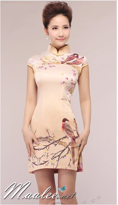 พร้อมส่ง ชุดเดรสสั้น ผ้าพิมพ์ลาย คอจีน กระโปรงแหวกข้าง (XL)