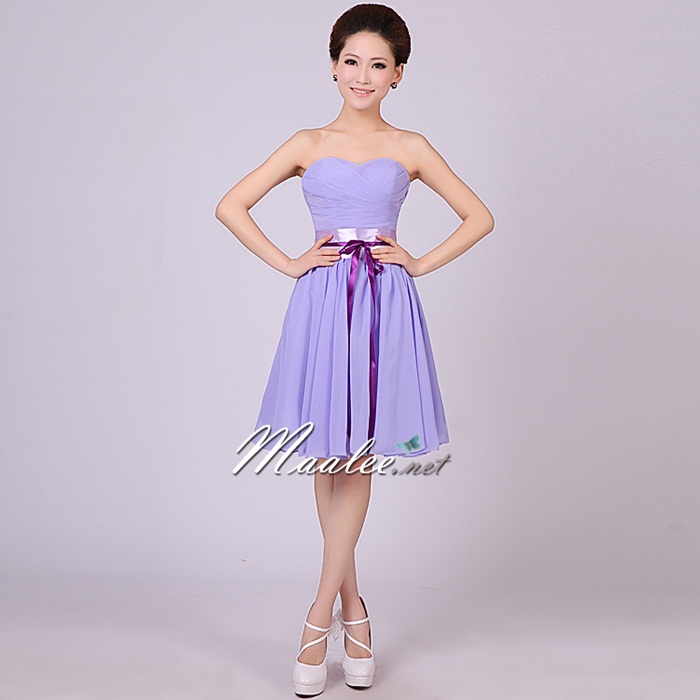 พร้อมส่ง ชุดราตรีสั้น เกาะอก สีม่วง Lavender คอเว้ารูปหัวใจ จับเดรปหน้าอก แต่งคาดเอวซาติน