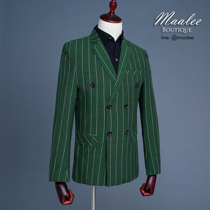 พร้อมเช่า ชุดสูทชาย สีเขียว ลายทางเก๋ๆ (พร้อมเสื้อกั๊ก)