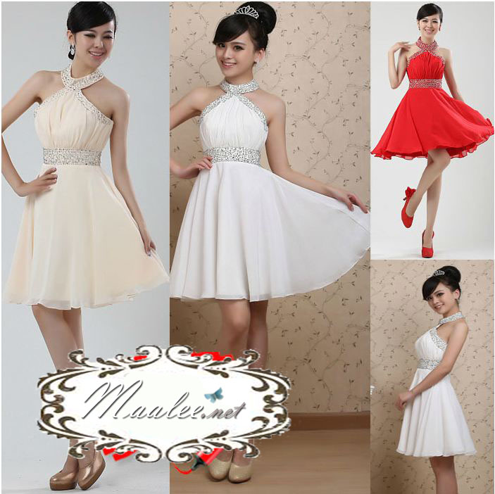 พร้อมเช่า ชุดราตรีสั้น คล้องคอ เว้าไหล่ สีขาว ปักเลื่อมละเอียดช่วงอก คอและเอว