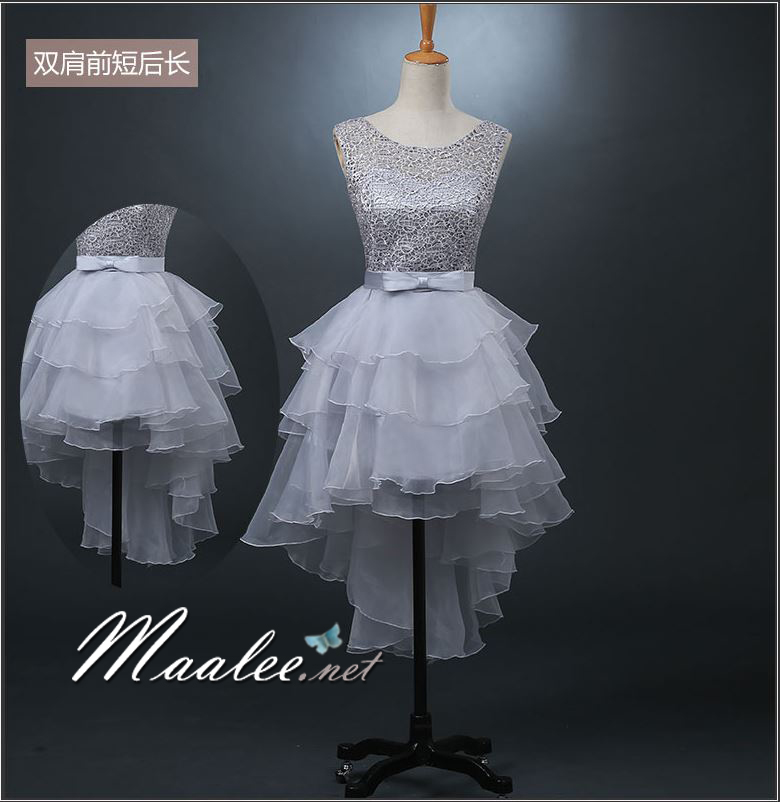 พร้อมเช่า ชุดราตรีสั้น แขนกุด แต่งอกลูกไม้เพิ่มโบว์ช่วงเอว เปรี้ยวหวาน กระโปรงระบาย3ชั้น หน้าสั้น หลังยาว สีชมพูโอโรส