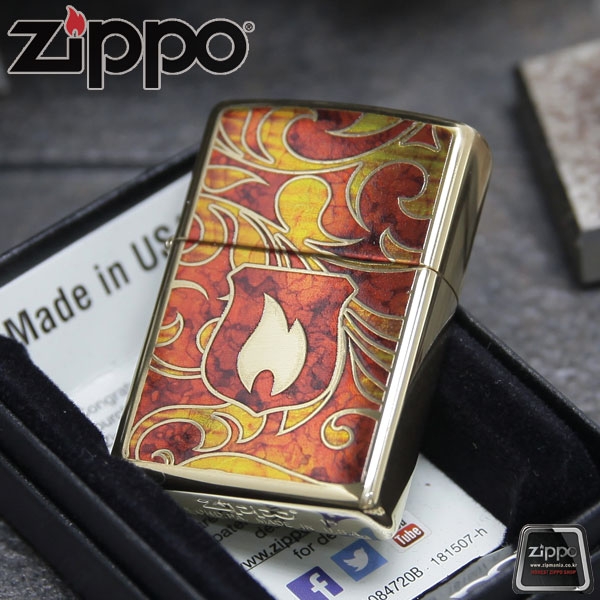 ไฟแช็ค Zippo แท้ โล่เพลิงสีทองอร่าม " Zippo 28975 Flame Fusion, High Polish Brass " แท้นำเข้า 100%