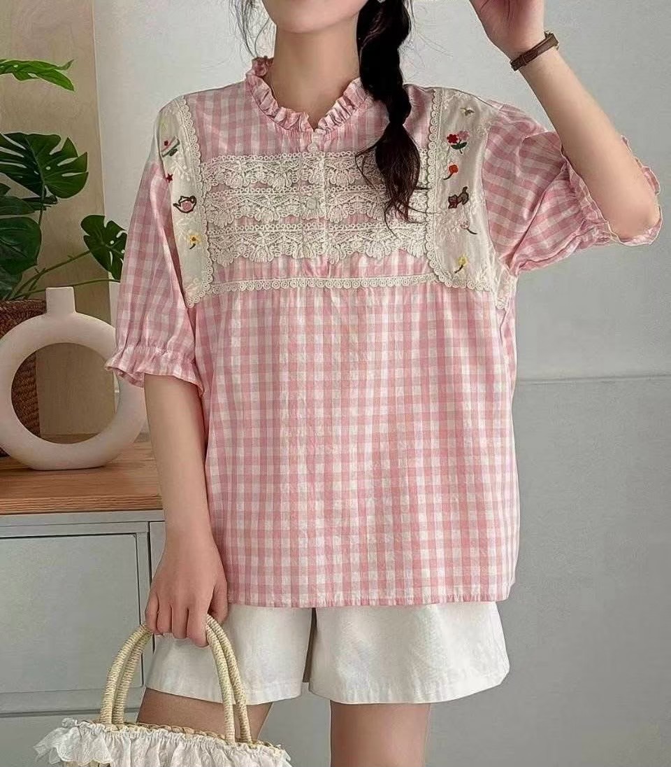 เสื้อผ้าฝ้ายลายสก็อตแต่งผ้าลูกไม้
