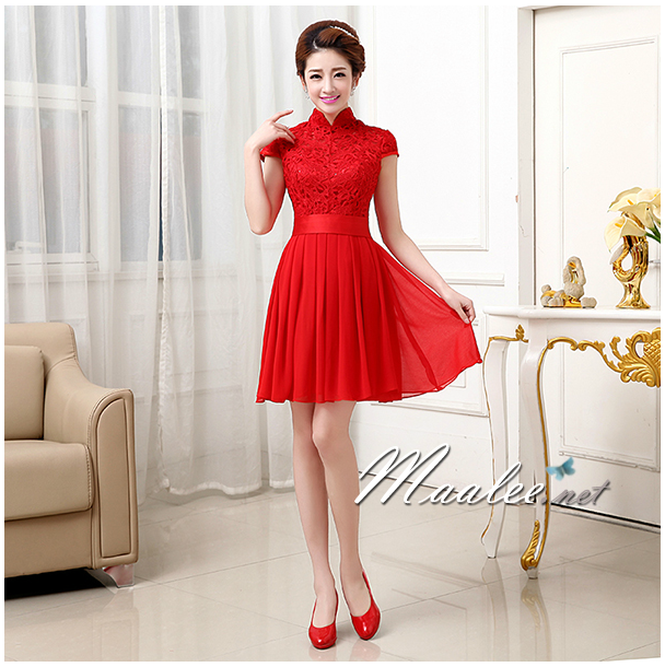 พร้อมส่ง ชุดราตรีสั้น สีแดง แขนสั้น คอจีน ลูกไม้ฉลุ กระโปรงผ้าชีฟอง
