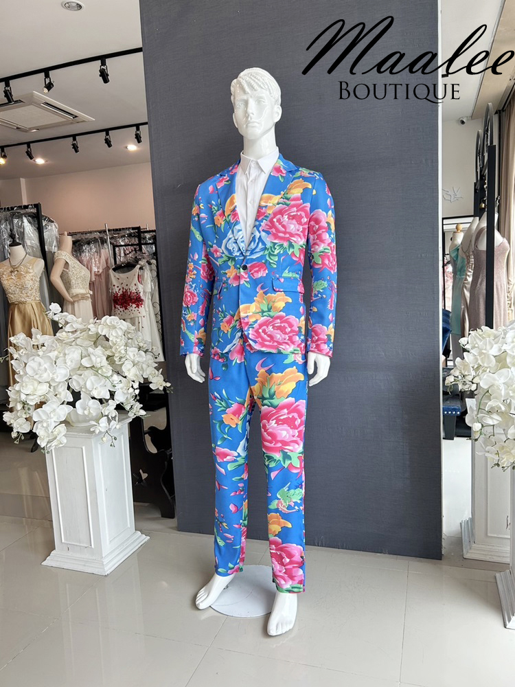 พร้อมเช่า ชุดสูทชาย สูทจีน ลายดอก สีน้ำเงิน