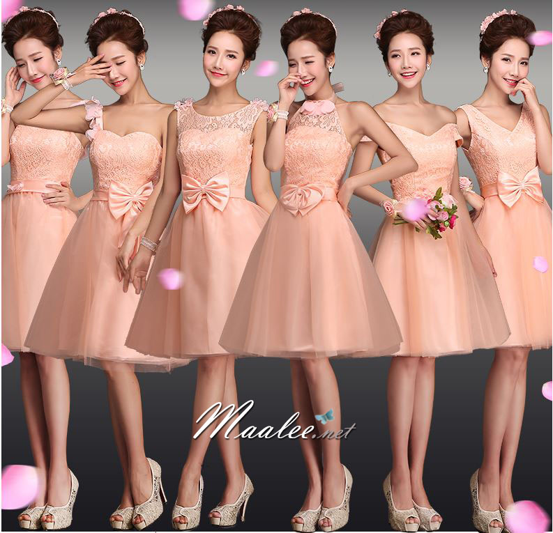 พร้อมส่ง ชุดราตรีสั้น ชุดเพื่อนเจ้าสาว PE-619 สีโอโรส แบบ C ไหล่ปาด ช่วงอกแต่งลูกไม้ เอวแต่งกลีบดอกไม้สวย (เชือกผูกหลัง)