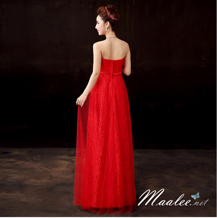 พร้อมส่ง ชุดราตรียาว เกาะอกลูกไม้ คลุมผ้าตาข่ายชั้นนอก แต่งโบว์ช่วงเอว สีแดง