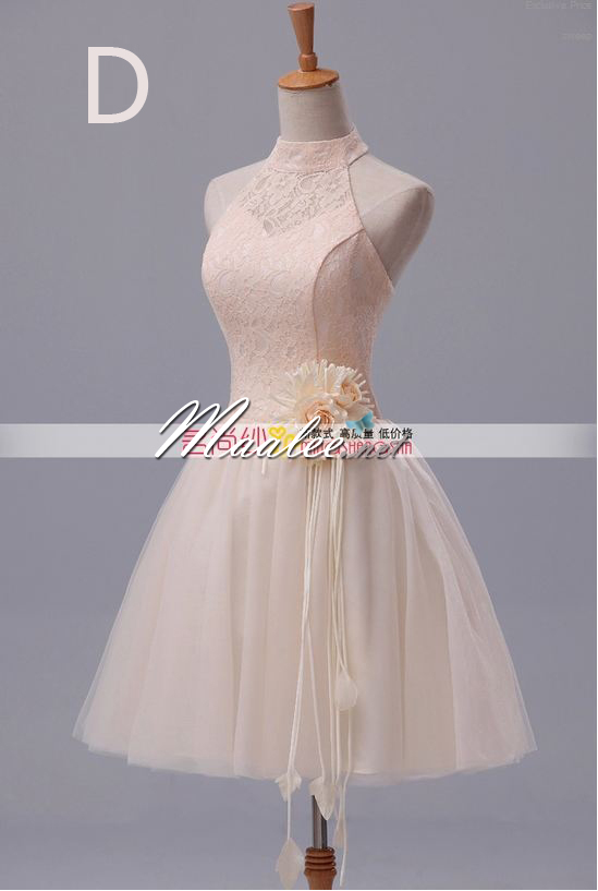 พร้อมเช่า ชุดราตรีสั้น ลูกไม้ สีครีม Champagne คล้องคอ ชุดเพื่อนเจ้าสาว Cream-004D