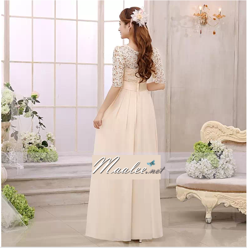 พร้อมส่ง ชุดราตรียาว สีครีม แขนสามส่วน ลูกไม้ฉลุ กระโปรงผ้าชีฟอง