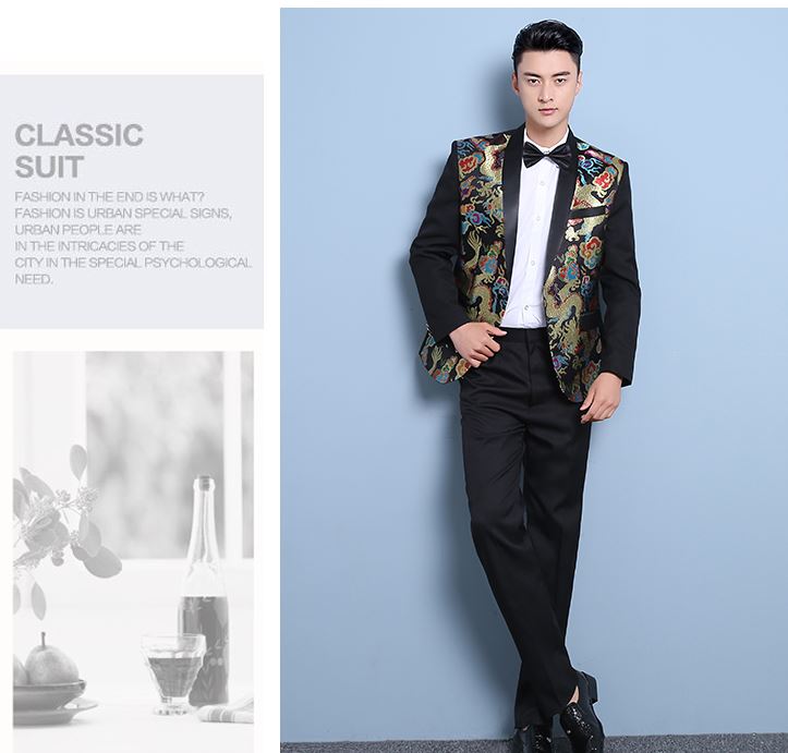 Pre-order ชุดสูทจีนชาย สีน้ำเงินปกคอน้ำเงิน พิมพ์ลายกราฟฟิก