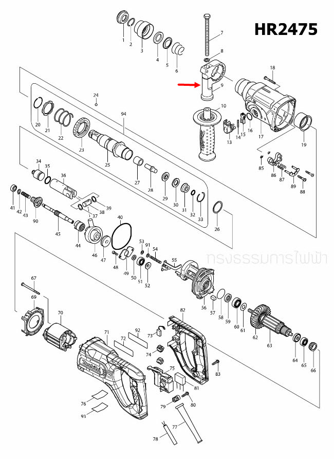GRIP BASE สว่านโรตารี่ Makita-มากีต้า HR2475, HR2470F, FT [#9], HP1630 [#2] Pn.417630-4 (แท้)##