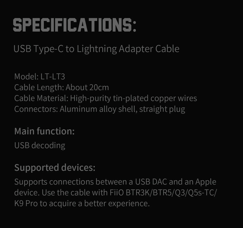 ขาย FiiO LT-LT3 สายแปลง Lightning สำหรับอุปกรณ์ Apple ต่อออก Type-C เพื่อใช้งานกับ USB DAC