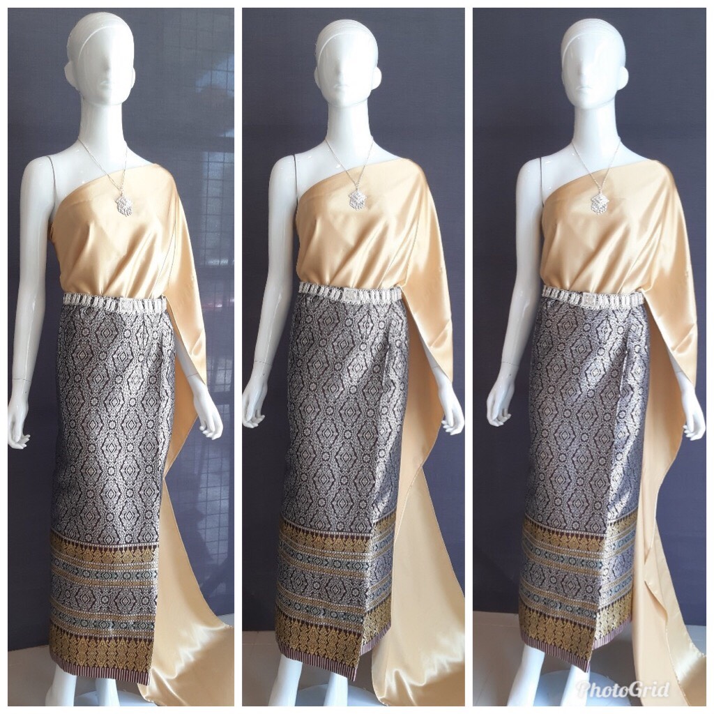 เช่า ชุดไทย ชุดเพื่อนเจ้าสาว ชุดไทยผ้าซิ่นสีแดง สไบเรียบสีทอง