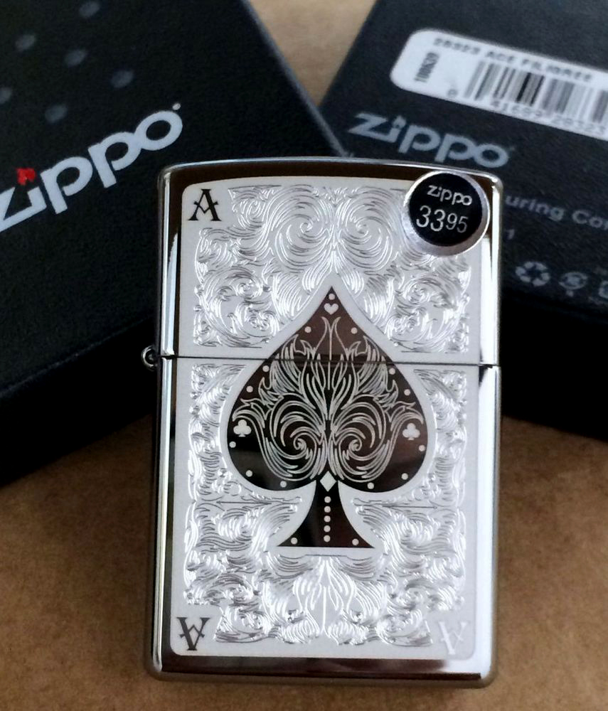 ไฟแช็ค Zippo แท้ โพธิ์ดำแกะสลัก " Zippo 28323 Ace of Spades Filigree Black Ice Finish" แท้นำเข้า 100%