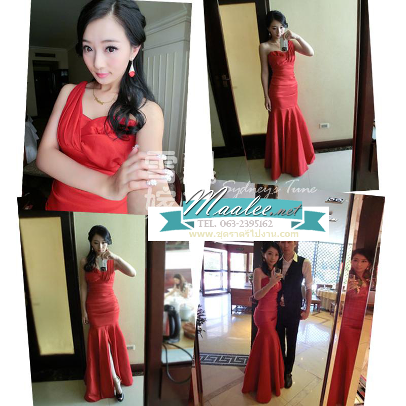 พร้อมเช่า ชุดราตรียาว เกาะอก ไหล่เดียว ทรงหางปลา ผ้าแพรยืดตามตัว แหวกหน้าขา สีแดง