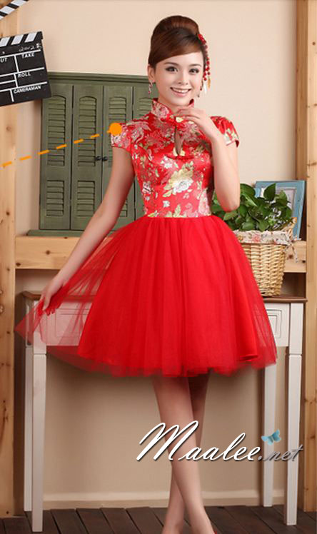 พร้อมเช่า ชุดแฟนซี ชุดราตรีสั้น ชุดตรุษจีน ชุดกี่เพ้า คอจีน กระโปรงตาข่ายพองสวย