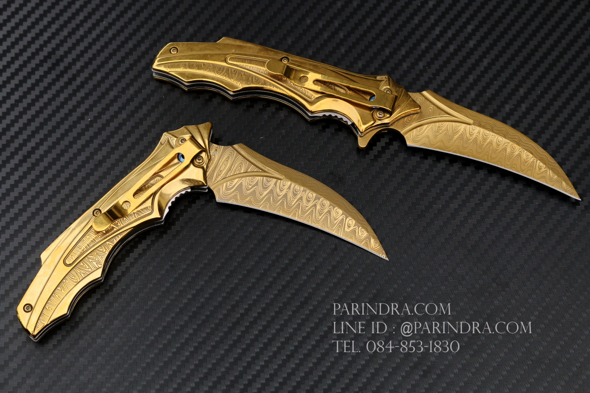 มีดพับทรงใบโค้ง ใบลายดามัสกัส สีทอง สวยมาก