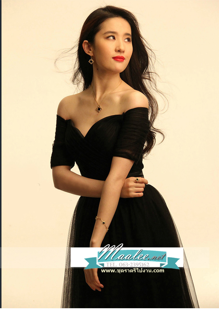 พร้อมเช่า ชุดราตรียาว & แบบปาดไหล่ สีดำ กระโปรงผ้าโปร่งตาข่ายนิ่ม ใส่สบายตัว อกจับจีบ ผ้าซาตินคาดเอว (เชือกผูกหลัง)