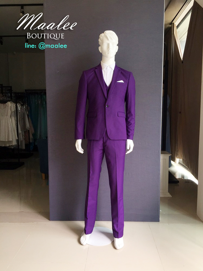 พร้อมเช่า ชุดสูทชาย สีม่วง สไตล์เกาหลี (พร้อมเสื้อกั๊ก)