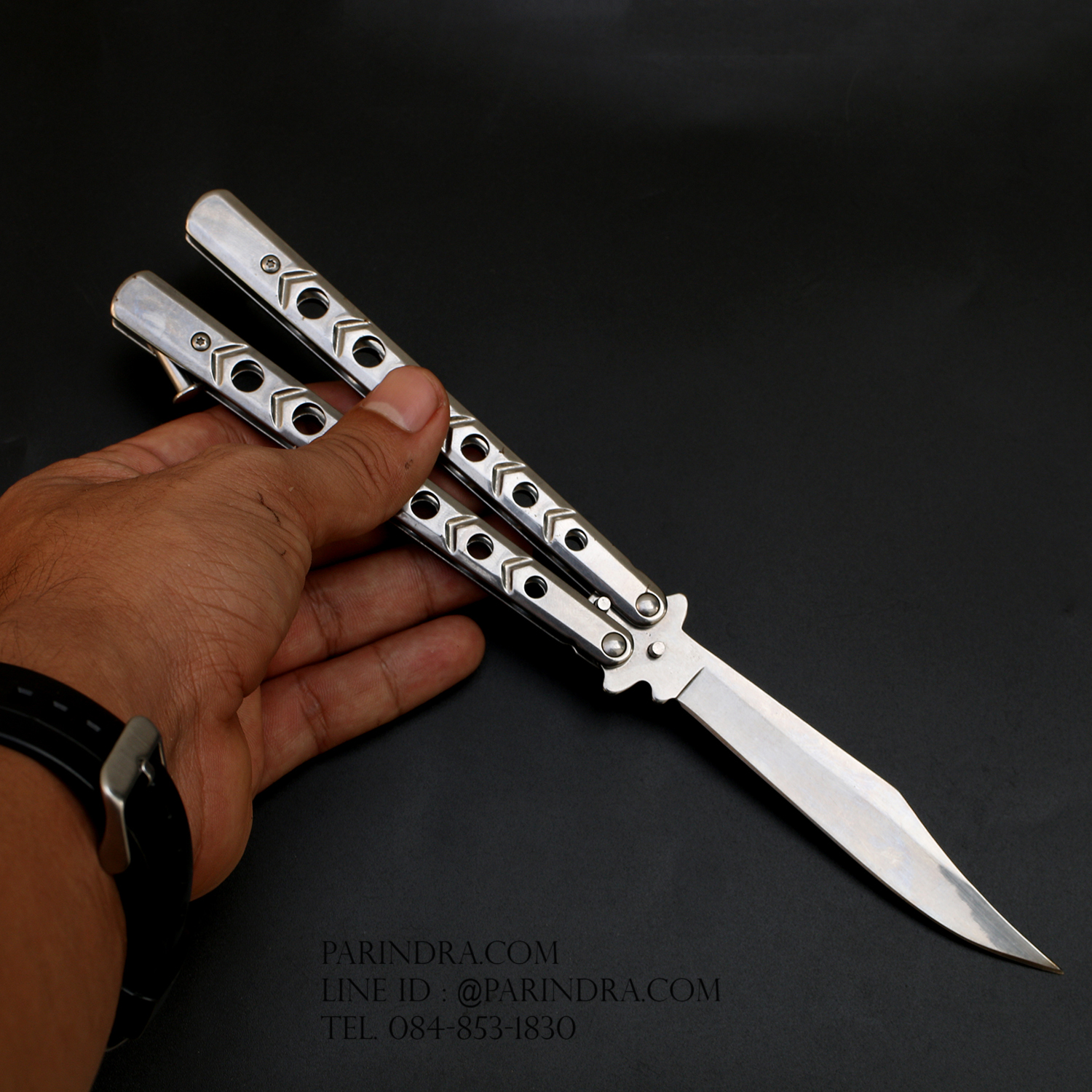 มีดบาลีซอง Balisong มีดควง มีดปีกผีเสื้อ แบบยาว สีเงิน ควงง่าย