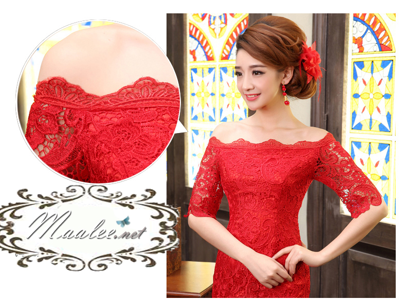 พร้อมเช่า ชุดราตรียาว สีดำ ทรงหางปลา ลูกไม้ทัั้งตัว เปิดไหล่ แขนสามส่วน (เชือกผูกหลัง)