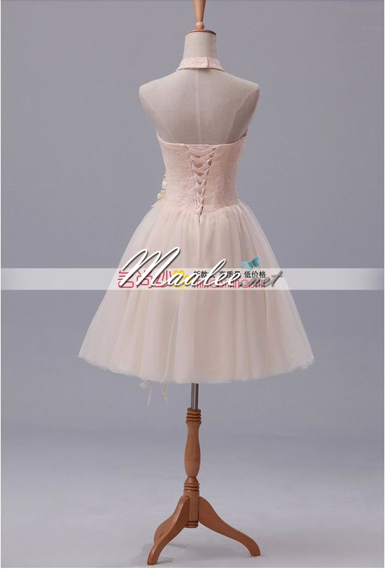 พร้อมเช่า ชุดราตรีสั้น ลูกไม้ สีครีม Champagne คล้องคอ ชุดเพื่อนเจ้าสาว Cream-004D