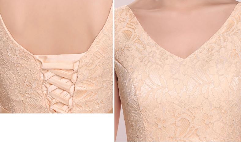 พร้อมเช่า ชุดเพื่อนเจ้าสาว สีครีมไข่ แบบ A แขนกุด หน้าสั้นหลังยาว แต่งลูกไม้ช่วงอก คาดโบว์ที่เอว (เชือกผูกด้านหลัง)