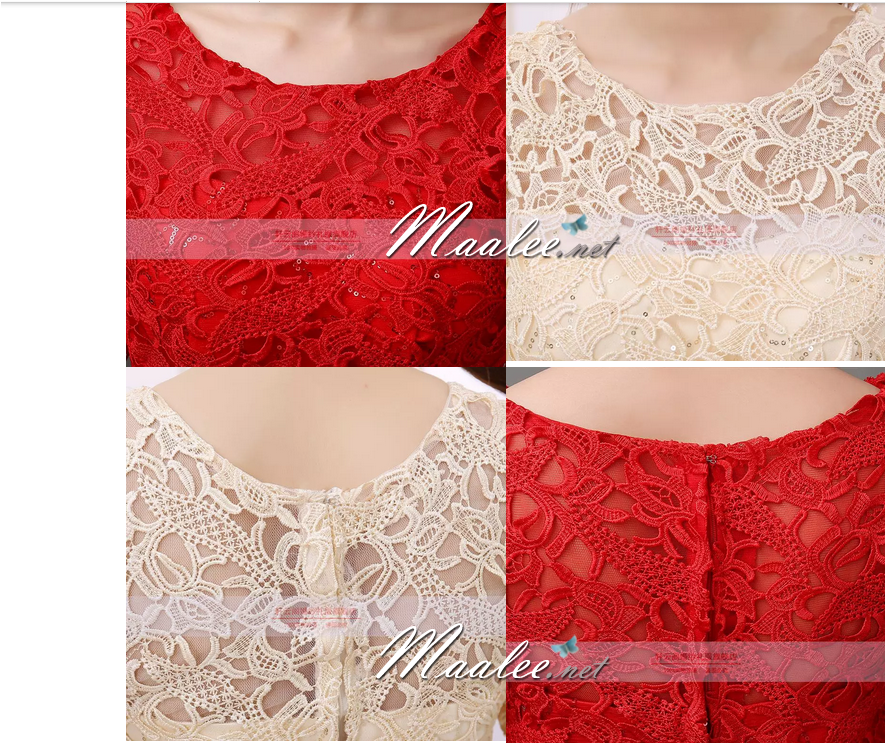 พร้อมเช่า ชุดราตรีสั้น สีครีม แขนสามส่วน ลูกไม้ฉลุ กระโปรงผ้าชีฟอง