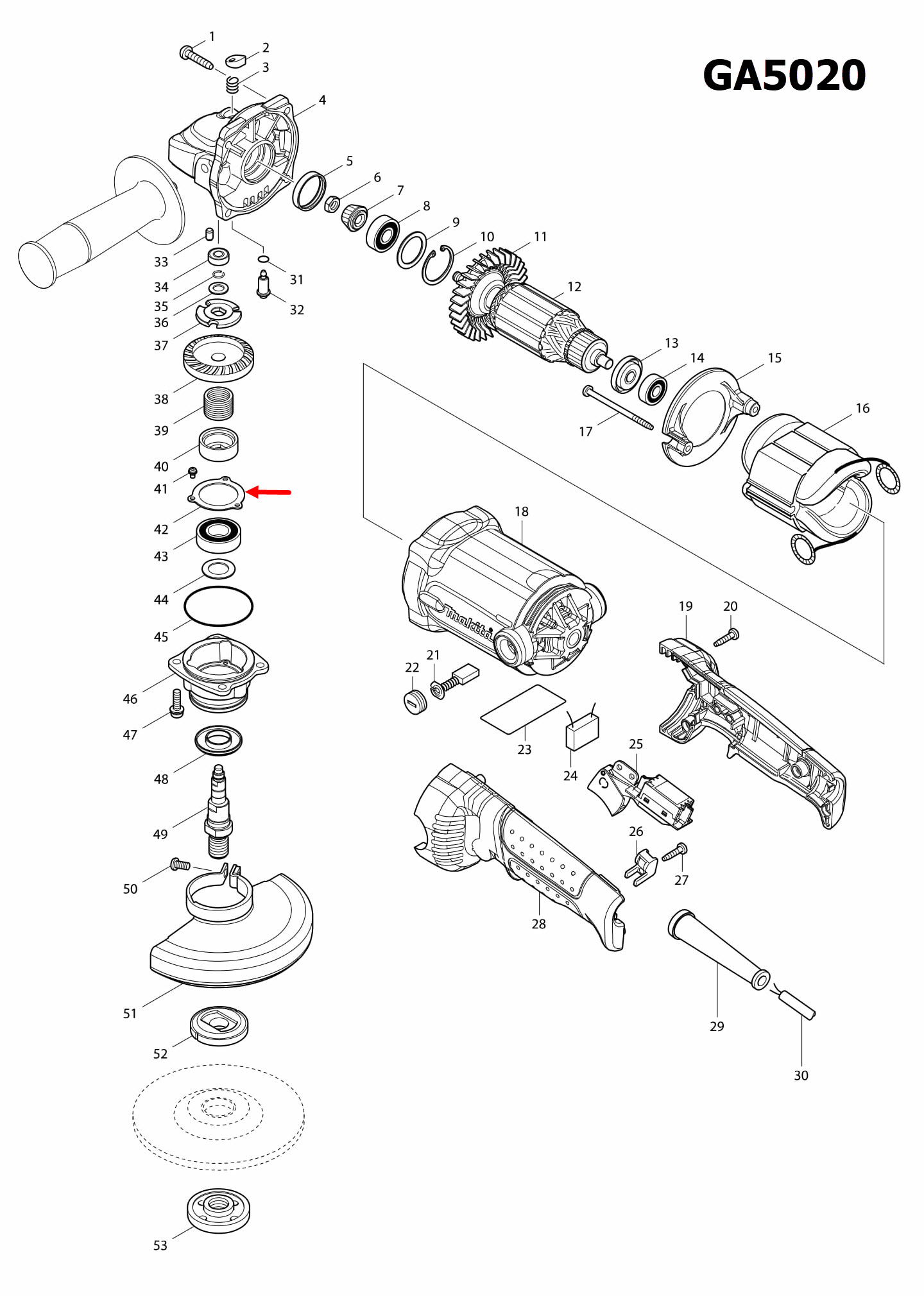 ตัวรองลูกปืน หินเจียร 5 นิ้ว Makita มากีต้า MT904 [#35], GA6020 [#42], GA5010, GA5020 [#42] Pn.285728-3 (แท้) ##(**)