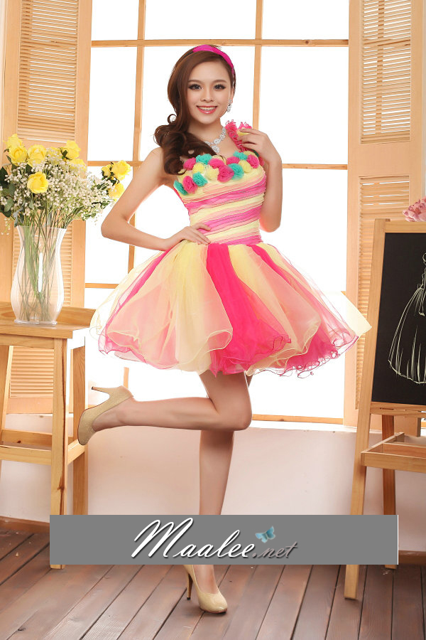 พร้อมเช่า ชุดแฟนซี เช่า 500 ชุดราตรีสั้น ลายทาง สีลูกกวาด แต่งดอกไม้