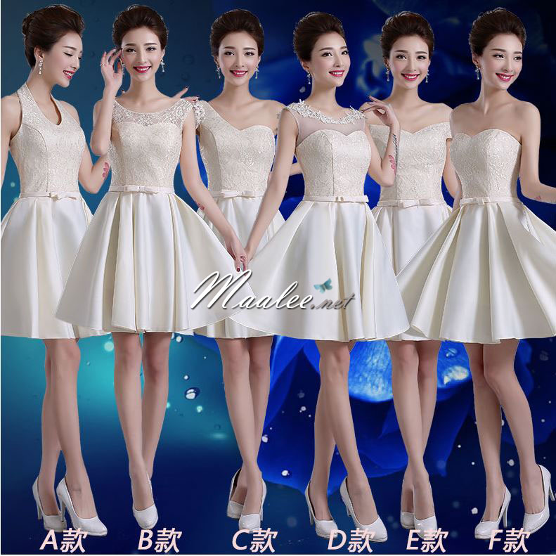 พร้อมเช่า ชุดราตรีสั้น ชุดเพื่อนเจ้าสาว สีครีม แบบ E ไหล่ปาด อกแต่งลูกไม้ เอวคาดโบว์สวย (เชือกผูกหลัง)