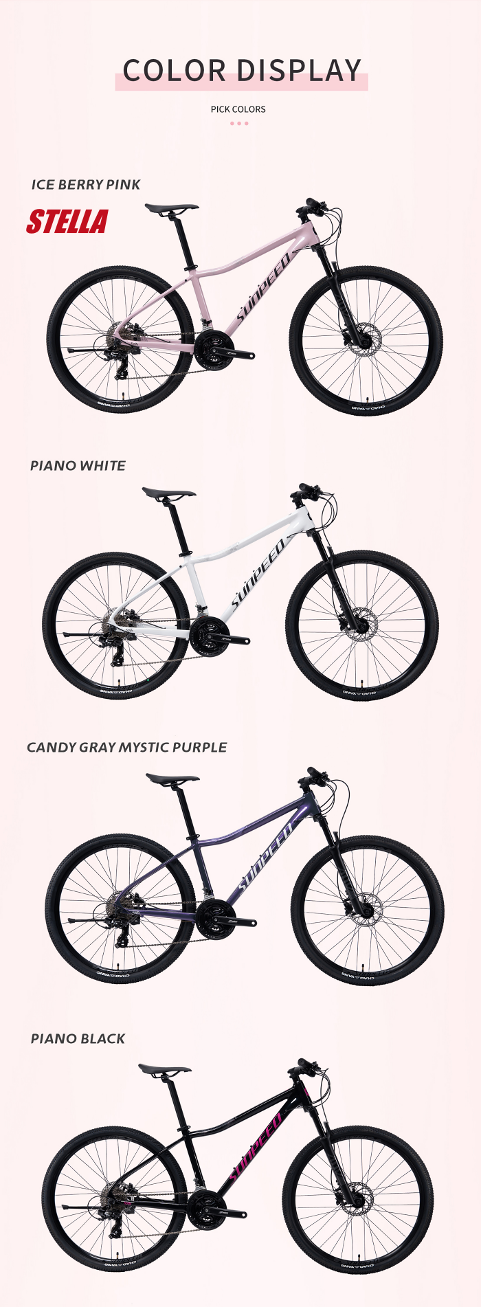 จักรยานเสือภูเขาผู้หญิง SUNPEED 2025 STELLA MTB 27.5" อลูมิเนียมเฟรม – พร้อมชุดเกียร์ Shimano 24 สปีด และเบรกไฮดรอลิก