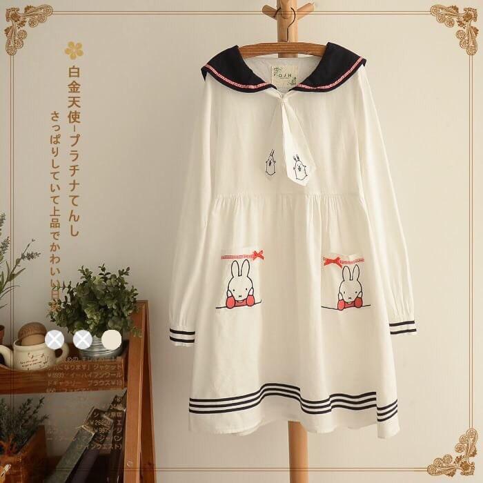 เสื้อ/เดรสผ้าฝ้ายนุ่มปักลายกระต่าย QJH