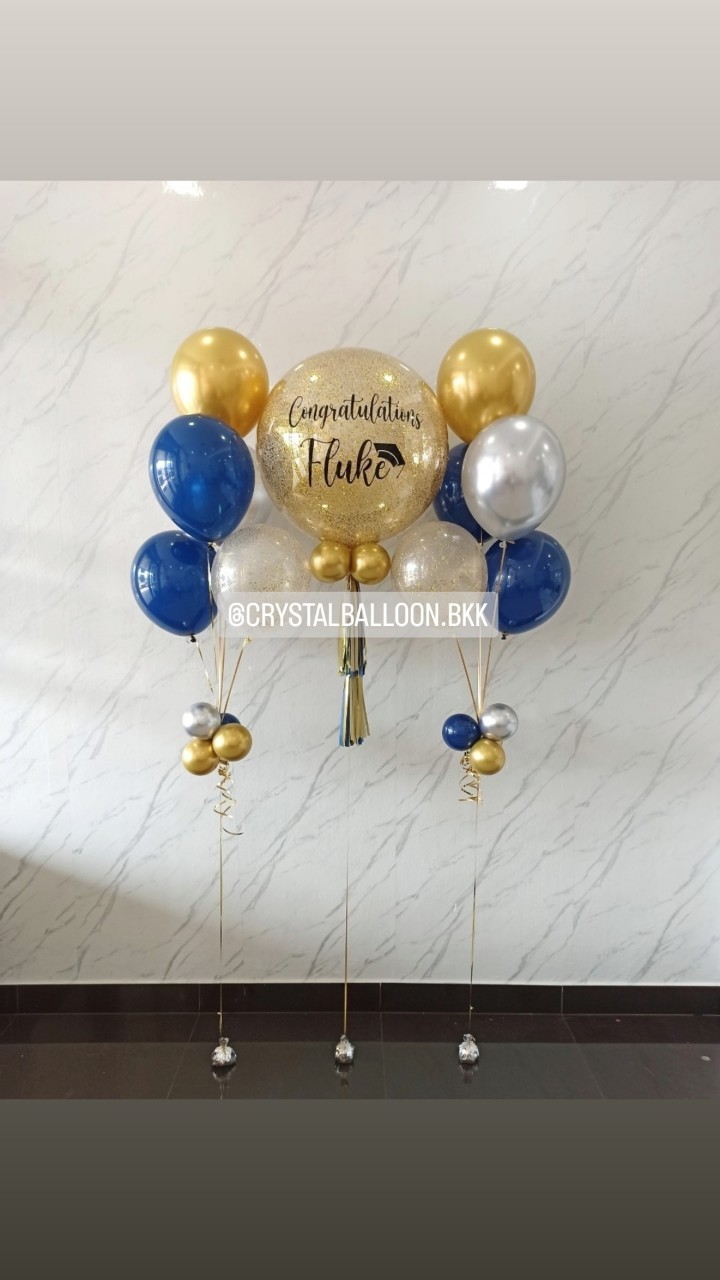 ลูกโป่ง รับปริญญา Bubble ขนาด 24" กลิตเตอร์สีทอง 1 ลูก พร้อม ช่อลูกโป่ง ช่อ 5 ลูก 2 ช่อ พร้อมตกแต่ง สามารถเปลี่ยนสีลูกโป่ง/เปลี่ยนข้อความ/เปลี่ยนขนาดได้