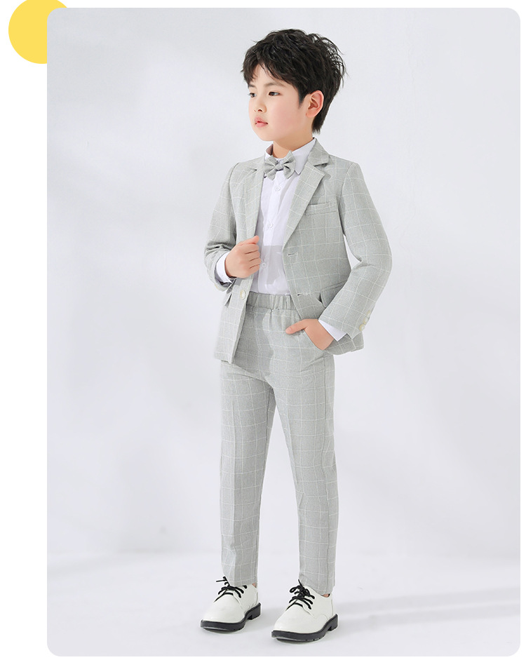 พร้อมเช่า ชุดสูทเด็กชาย สีเทาอ่อน 2 กระดุม ลายตาราง **พร้อมเช่าไซส์ 110, 130,140,150,160,170**