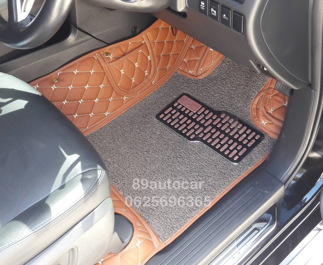 พรมดักฝุ่น Mitsubishi Pajerosport 2022 8D สีน้ำตาลเย็บติดกับพรมหนังสีน้ำตาลเข้ม