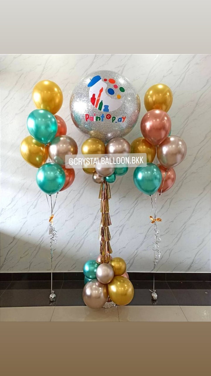 เสาลูกโป่ง เปิดร้าน Bubble ขนาด 36" กลิตเตอร์สีเงิน พร้อม ช่อลูกโป่งสีโครเมี่ยม ช่อ 7 ลูก 2 ช่อ พร้อมตกแต่ง สามารถเปลี่ยนสีลูกโป่ง/เปลี่ยนข้อความได้