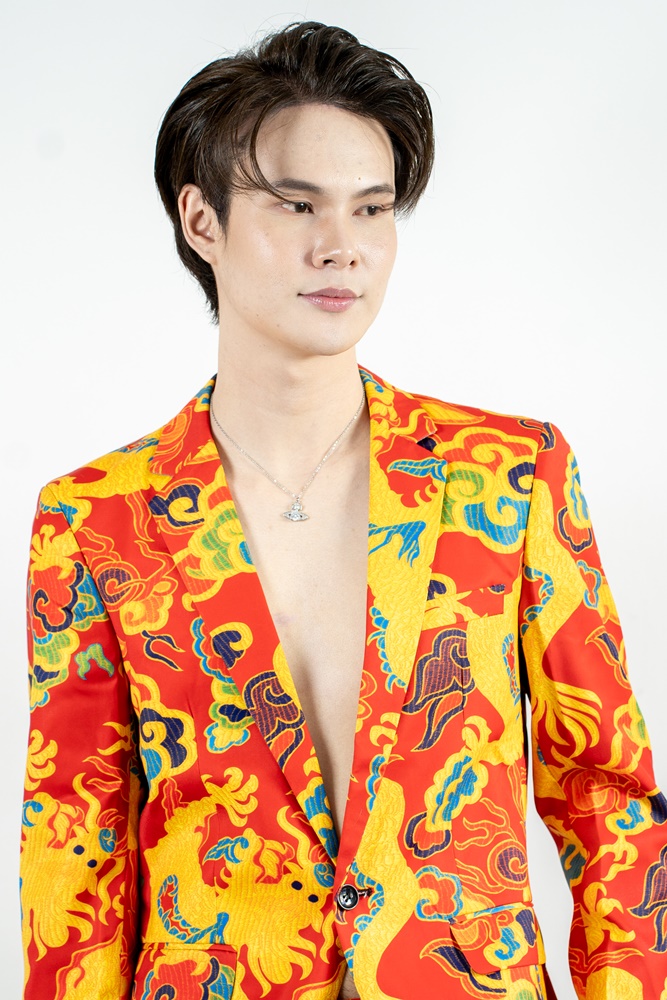 พร้อมเช่า ชุดสูทจีนชาย โทนสีส้มแดง ทอลายในเนื้อผ้า แบบหรูหรา สไตล์จีน