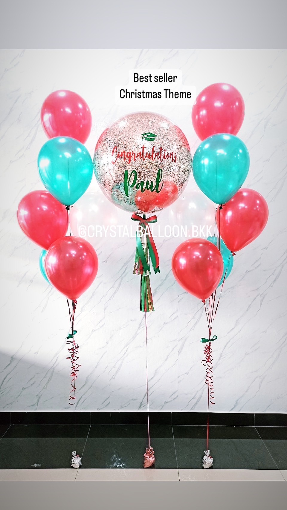 ลูกโป่ง รับปริญญา Bubble ขนาด 24" Theme เขียว-แดง พร้อม ช่อลูกโป่ง ช่อ 7 ลูก 2 ช่อ พร้อมตกเเต่ง สามารถเปลี่ยนสีลูกโป่ง/เปลี่ยนข้อความได้