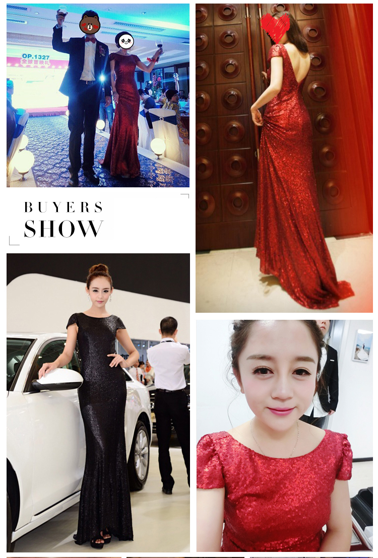 พร้อมเช่า ชุดราตรียาว แบบแขนสั้น ผ้าหลัง สีแดง เนื้อผ้าแต่งเลื่อมทั้งตัว ทรงหางปลา