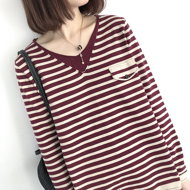 เสื้อยืดไหมพรมลายทางคอวี
