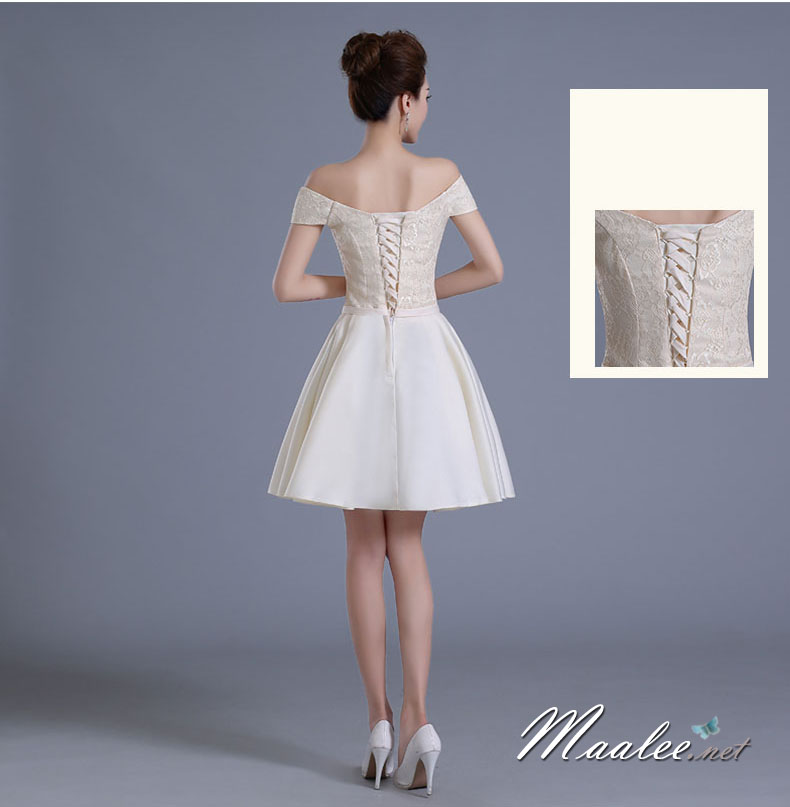 พร้อมเช่า ชุดราตรีสั้น ชุดเพื่อนเจ้าสาว สีครีม แบบ E ไหล่ปาด อกแต่งลูกไม้ เอวคาดโบว์สวย (เชือกผูกหลัง)