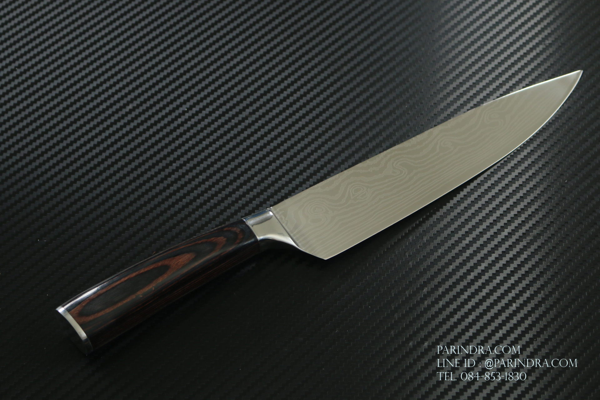 มีดทำครัว Premium ยิงเลเซอร์ลายดามัสกัส ด้ามไม้ ขนาดใบ 8 นิ้ว ปลายแหลม คมกริบ