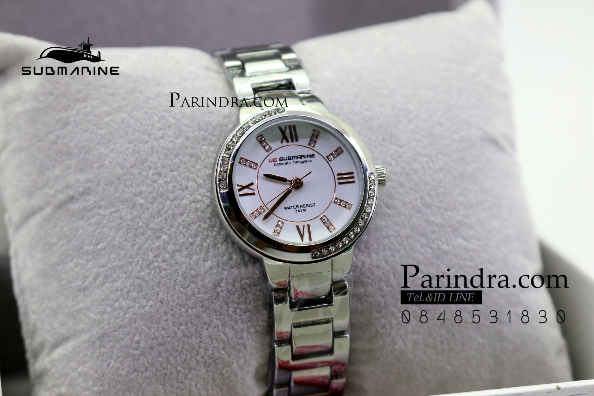 นาฬิกา US submarine รุ่น J120L กรอบหน้าปัดคริตตัล หน้าปัดสีขาวตัวเลลสีPINK GOLD สายสแตนเลสสีเงินเงา