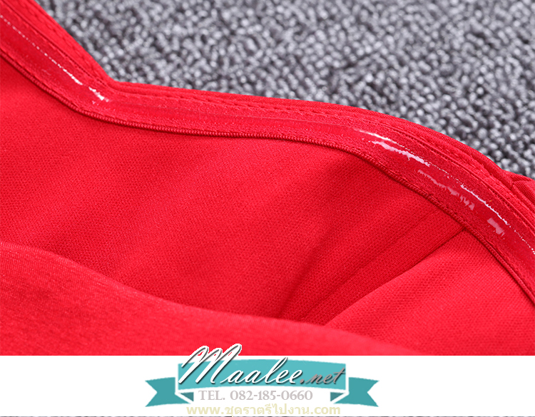 พร้อมเช่า ชุดราตรียาว เกาะอก ไหล่เดียว ทรงหางปลา ผ้าแพรยืดตามตัว แหวกหน้าขา สีแดง